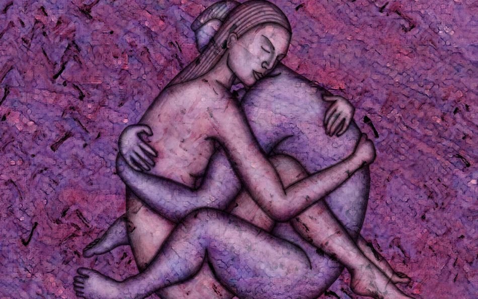 Portrait of nude couple embrasing face to face in tantric sex