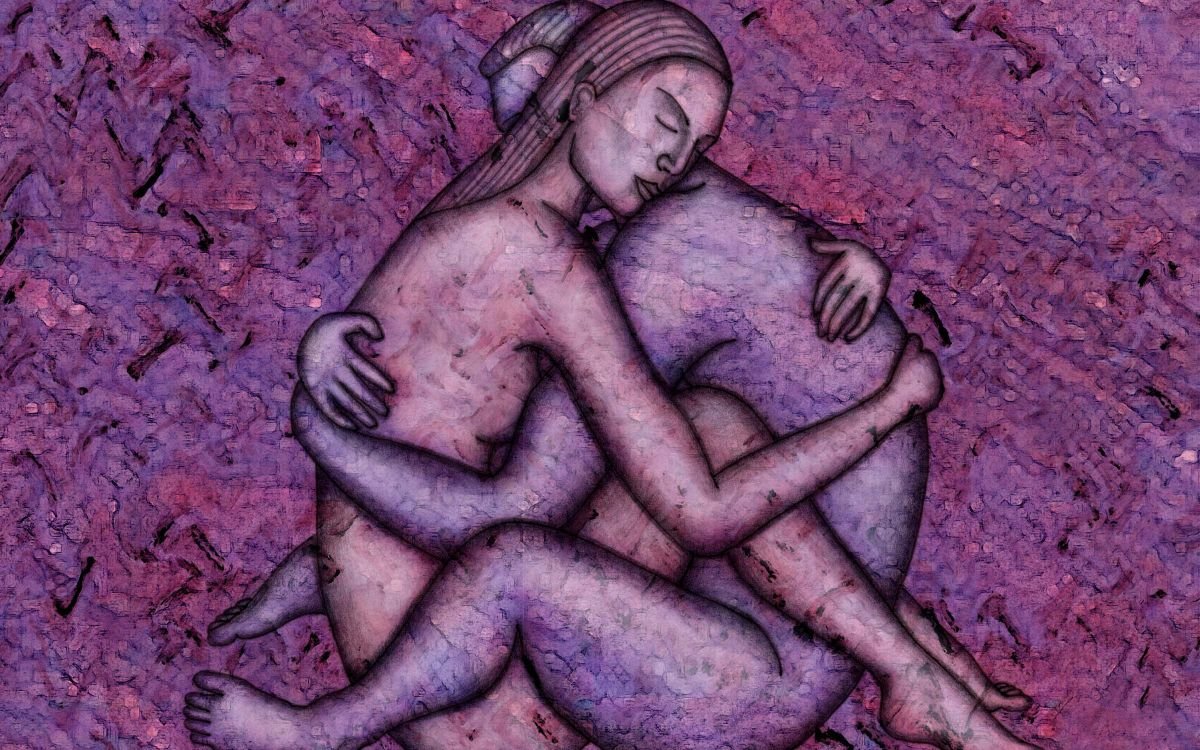 Portrait of nude couple embrasing face to face in tantric sex